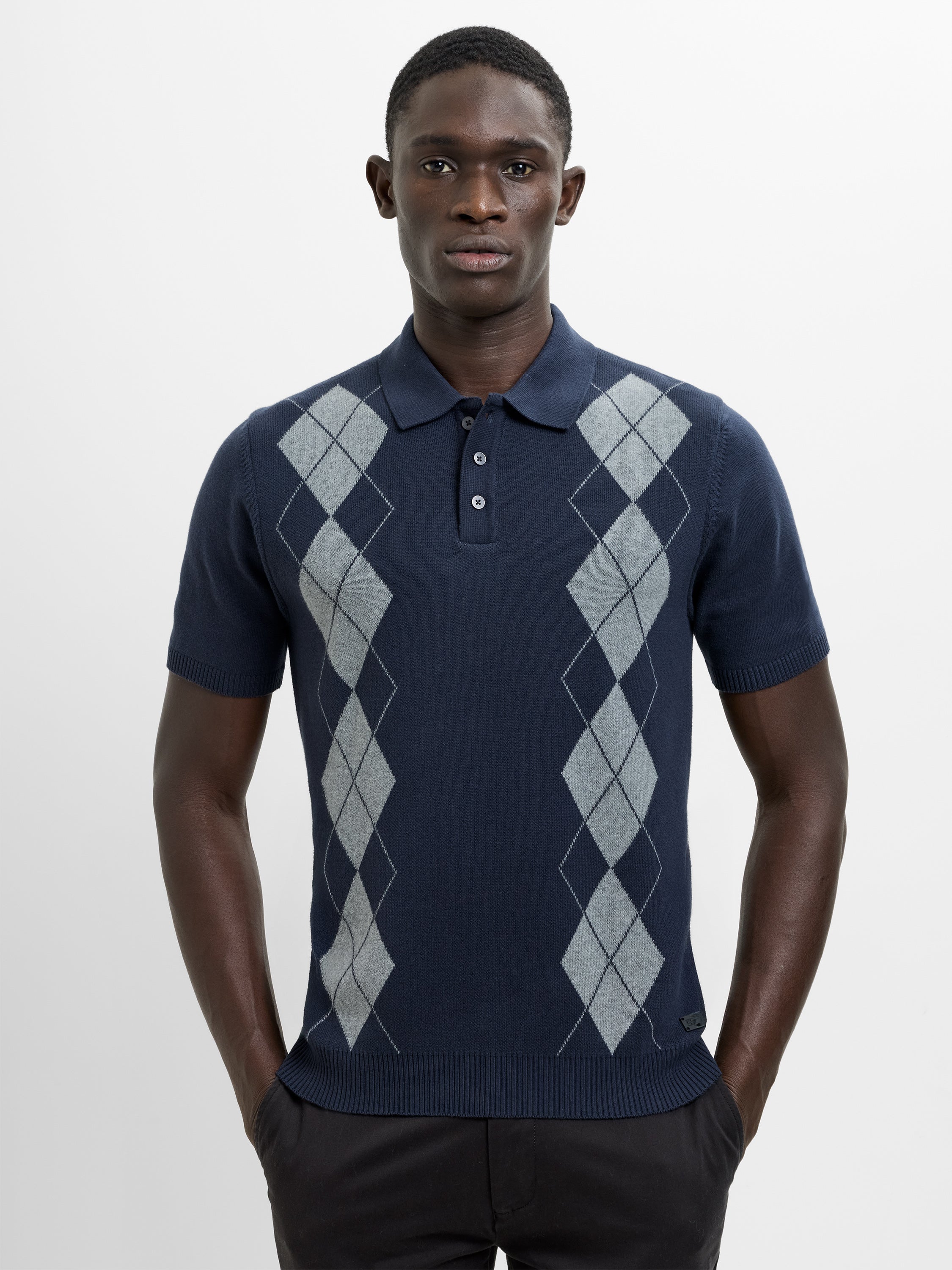 Short Sleeve Argyle Knit Navy Polo Shirt