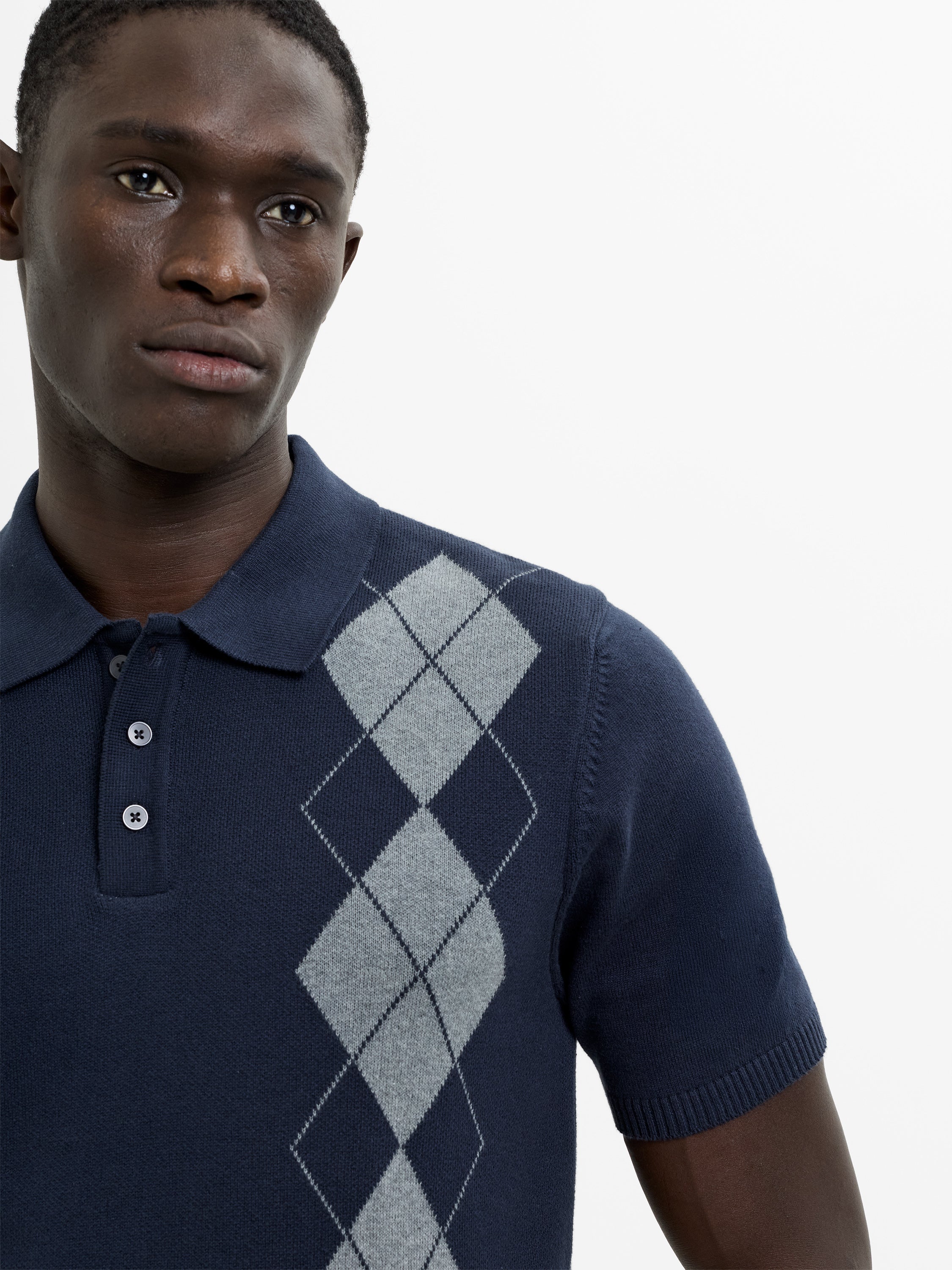 Short Sleeve Argyle Knit Navy Polo Shirt