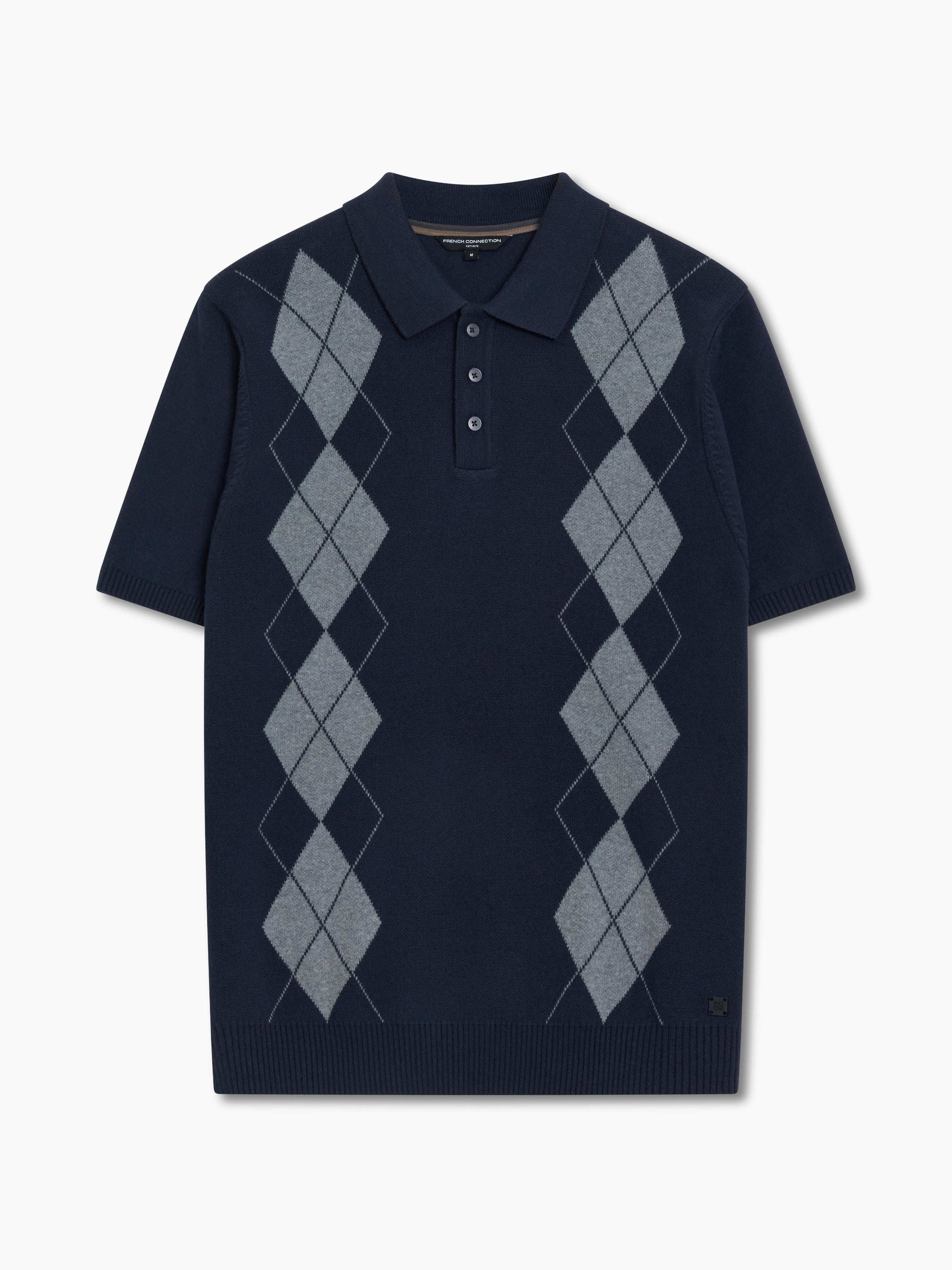 Short Sleeve Argyle Knit Navy Polo Shirt