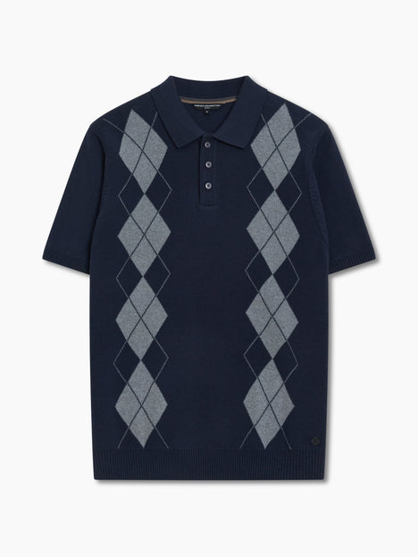 Short Sleeve Argyle Knit Navy Polo Shirt