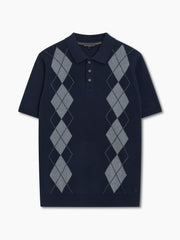 Short Sleeve Argyle Knit Navy Polo Shirt