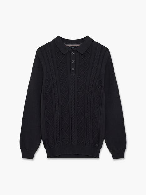Long Sleeve Cable Knit Polo Jumper