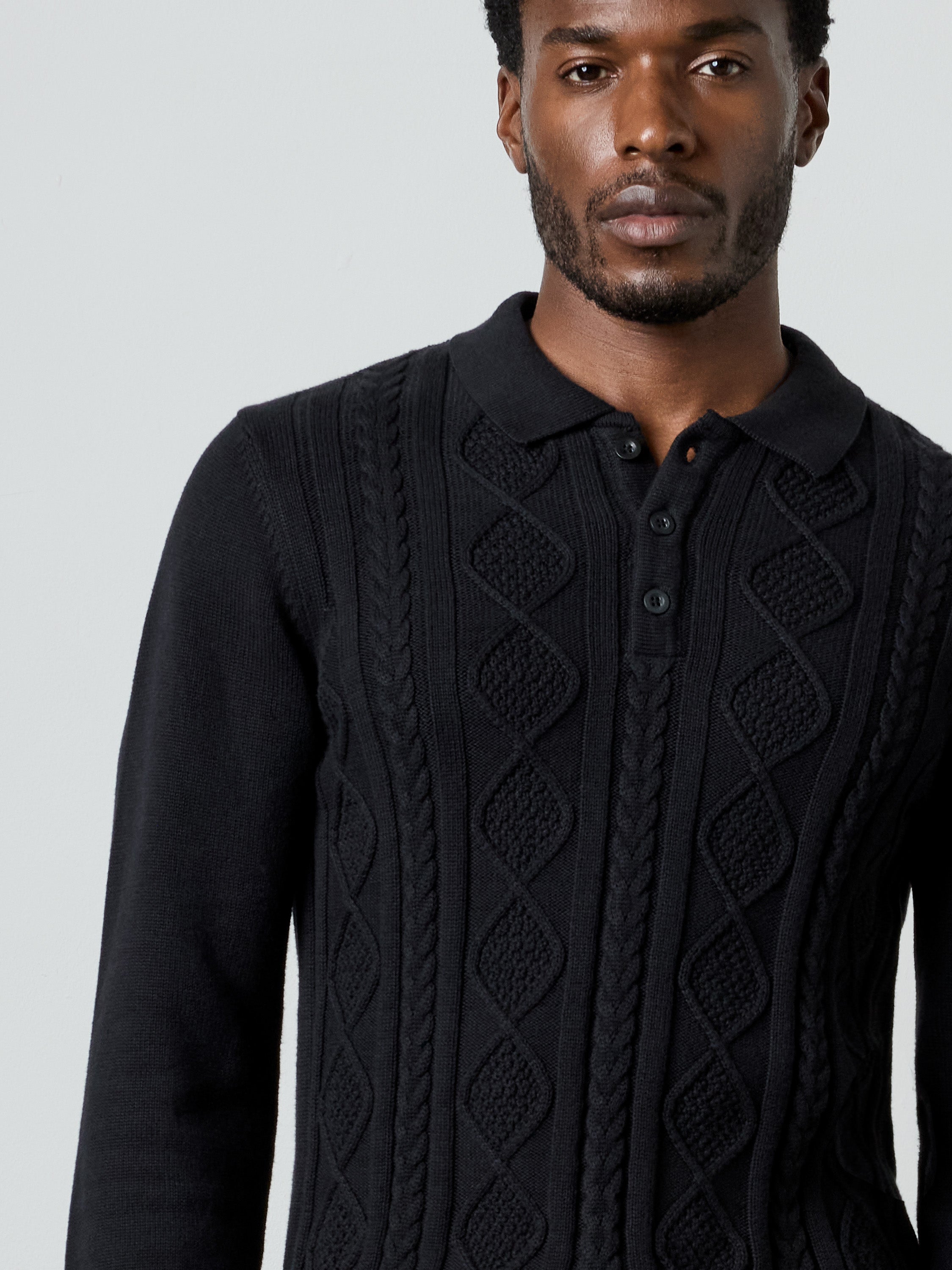Long Sleeve Cable Knit Polo Jumper