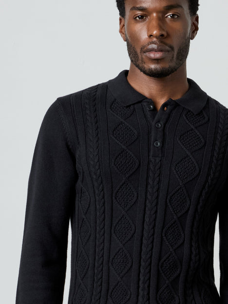Long Sleeve Cable Knit Polo Jumper
