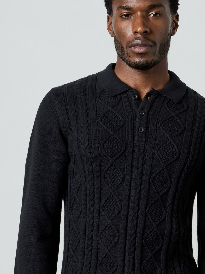 Long Sleeve Cable Knit Polo Jumper