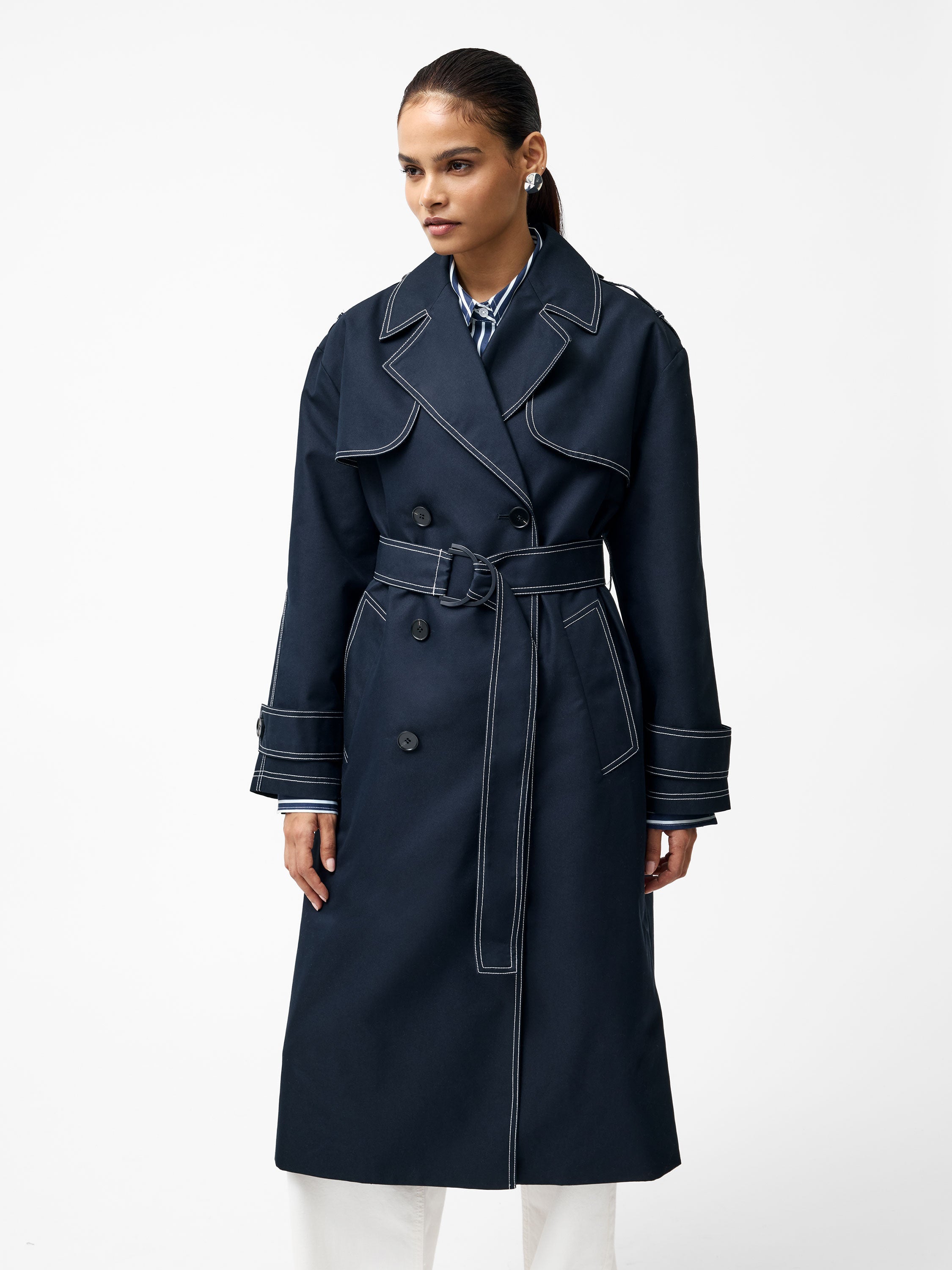 Afton Contrast Stitch Belted Trench Coat