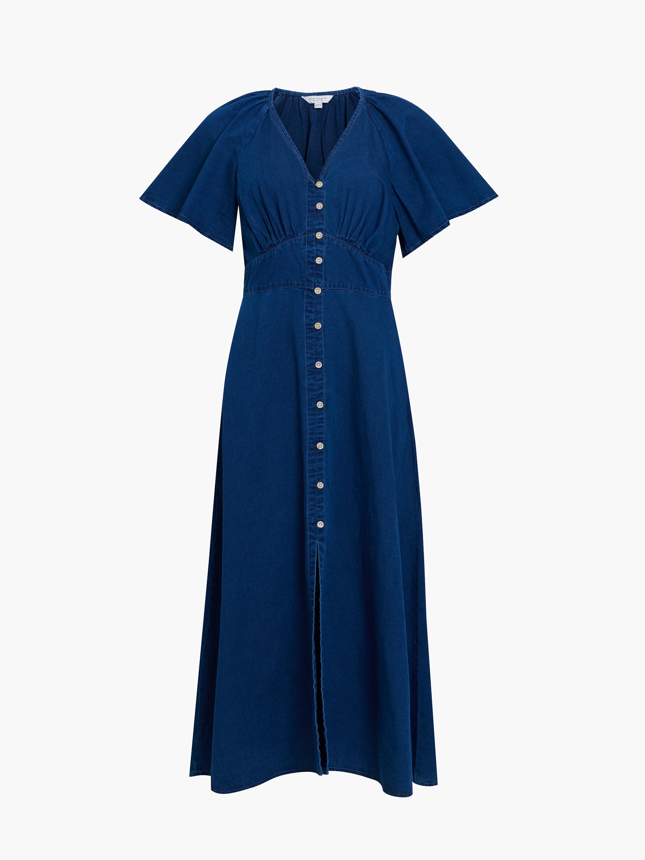 Zaves Chambray Navy Blue Flutter Sleeve Midi Dress