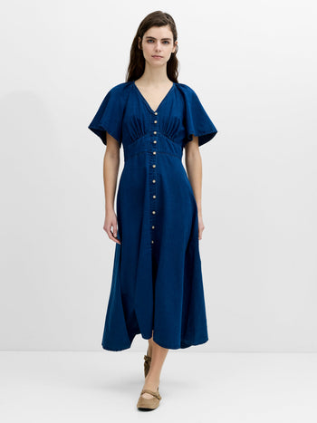 Zaves Chambray Navy Blue Flutter Sleeve Midi Dress