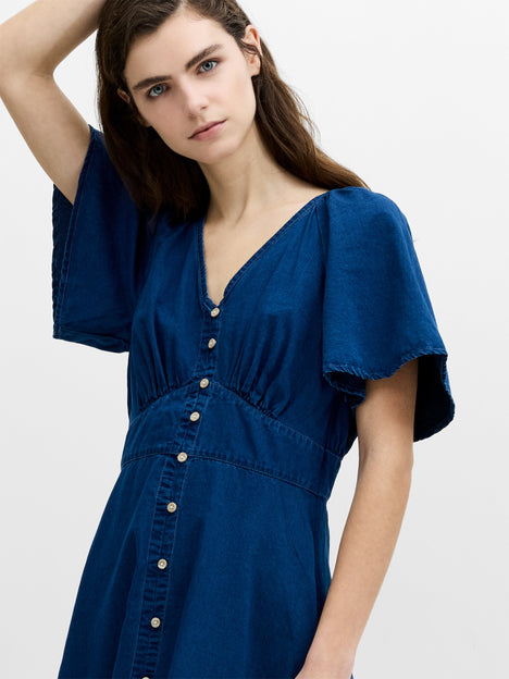 Zaves Chambray Navy Blue Flutter Sleeve Midi Dress