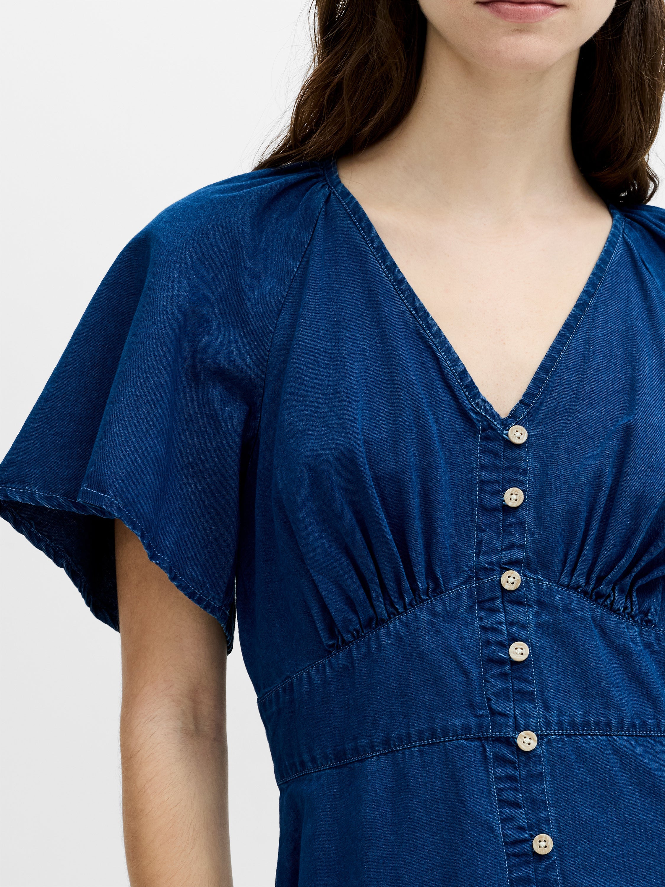 Zaves Chambray Navy Blue Flutter Sleeve Midi Dress
