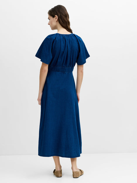 Zaves Chambray Navy Blue Flutter Sleeve Midi Dress