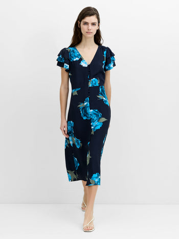 Lara Eco Blue Floral Button-Through Midi Tea Dress