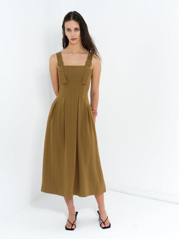 Erma Pinstripe Buckle Strap Khaki Green Midi Dress