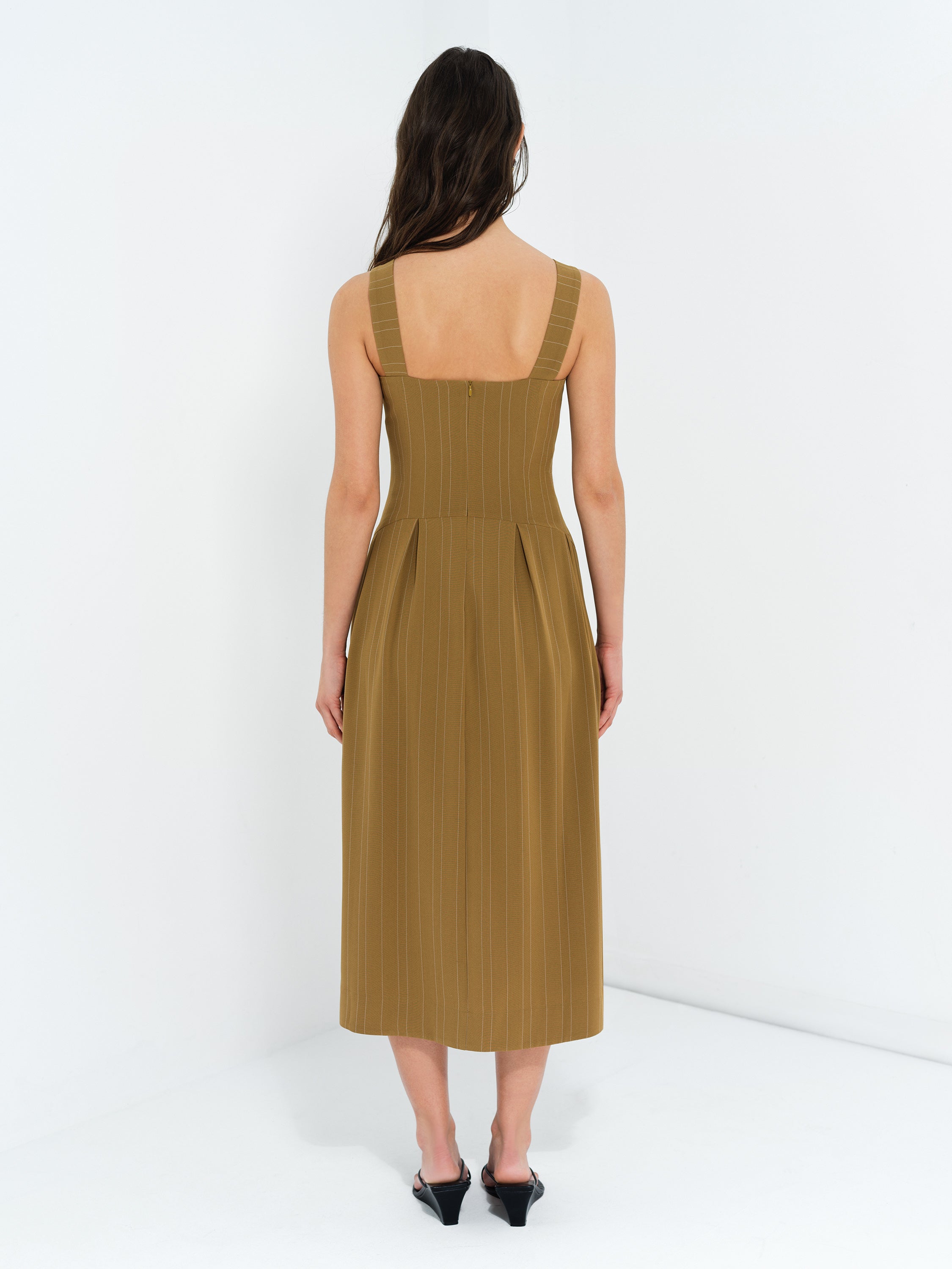 Erma Pinstripe Buckle Strap Khaki Green Midi Dress