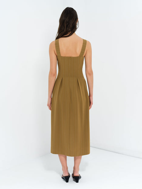 Erma Pinstripe Buckle Strap Khaki Green Midi Dress