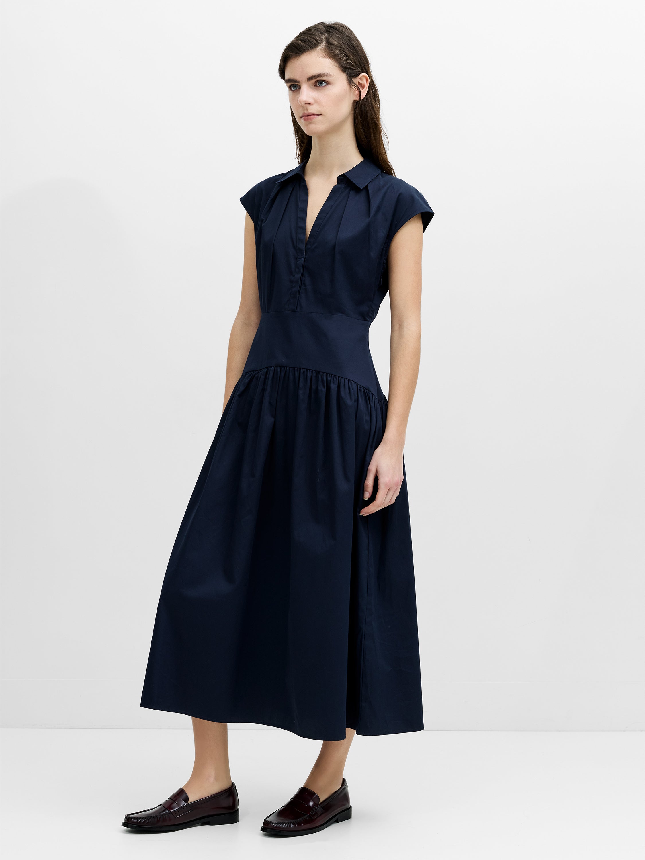 Alexis Poplin Drop Waist Navy Blue Midi Dress