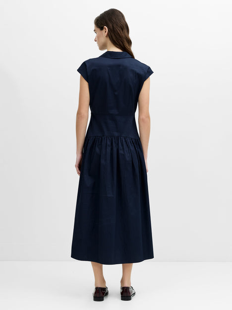 Alexis Poplin Drop Waist Navy Blue Midi Dress