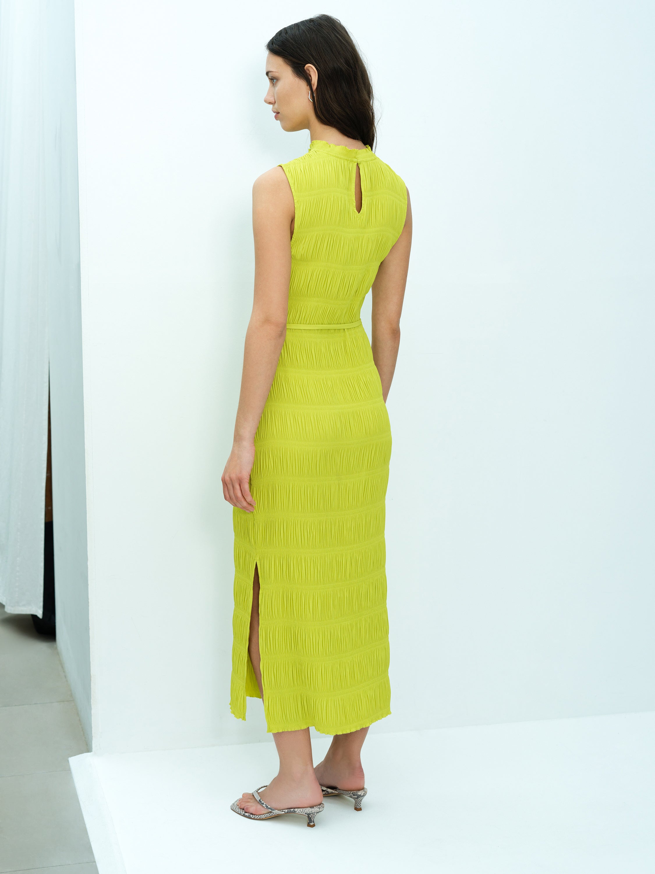 Reese Sleeveless Plisse Tie Waist Green Midi Dress
