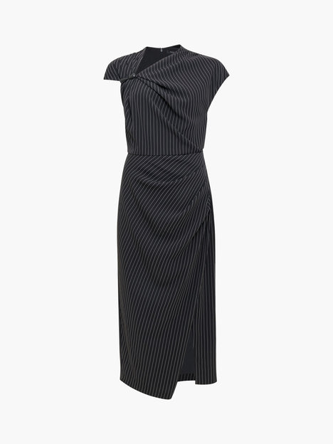 Vinnie Black Pinstripe Draped Midi Dress