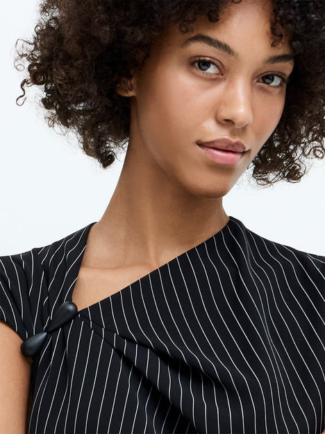 Vinnie Black Pinstripe Draped Midi Dress