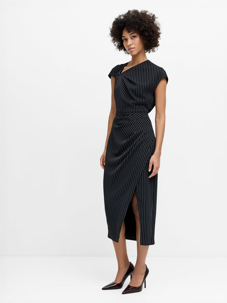 Vinnie Black Pinstripe Draped Midi Dress