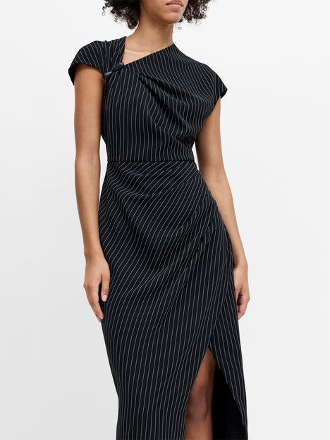 Vinnie Black Pinstripe Draped Midi Dress