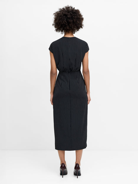Vinnie Black Pinstripe Draped Midi Dress