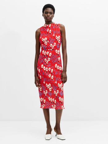 Scarlett Red Crinkle Floral Midi Dress