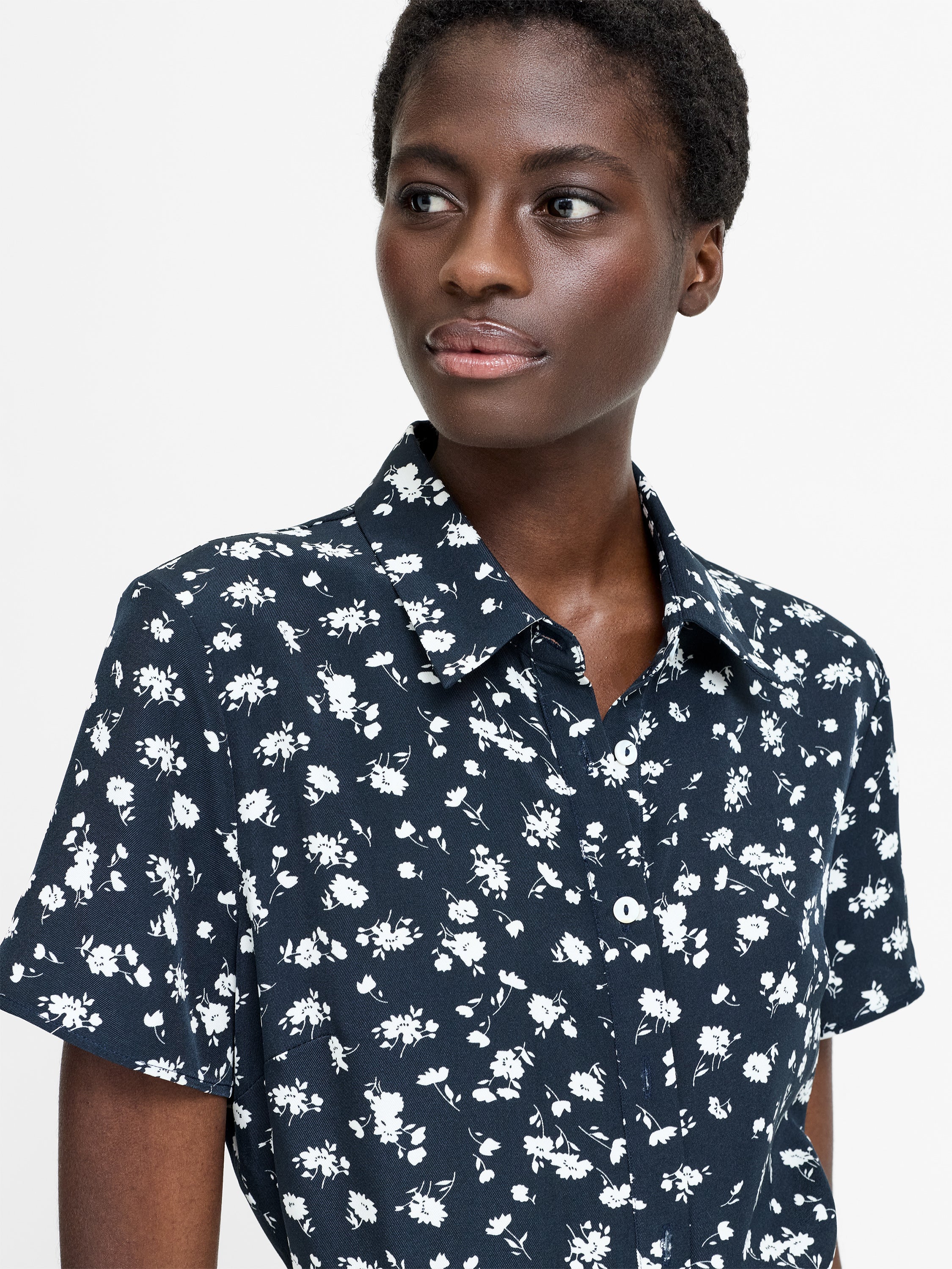 Navy Floral Printed Mini Shirt Dress