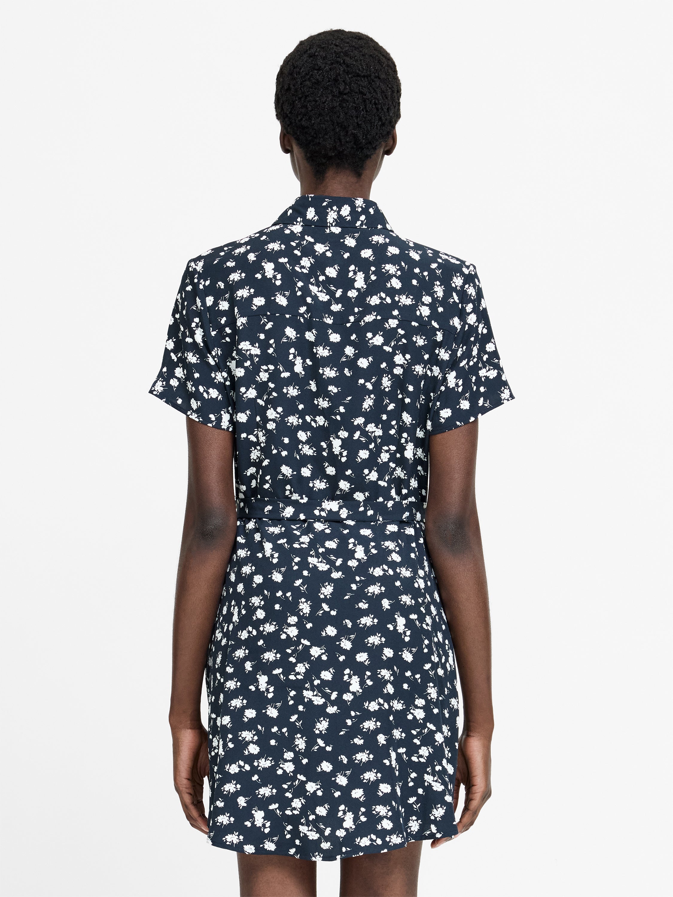 Navy Floral Printed Mini Shirt Dress