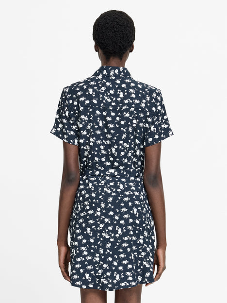 Navy Floral Printed Mini Shirt Dress