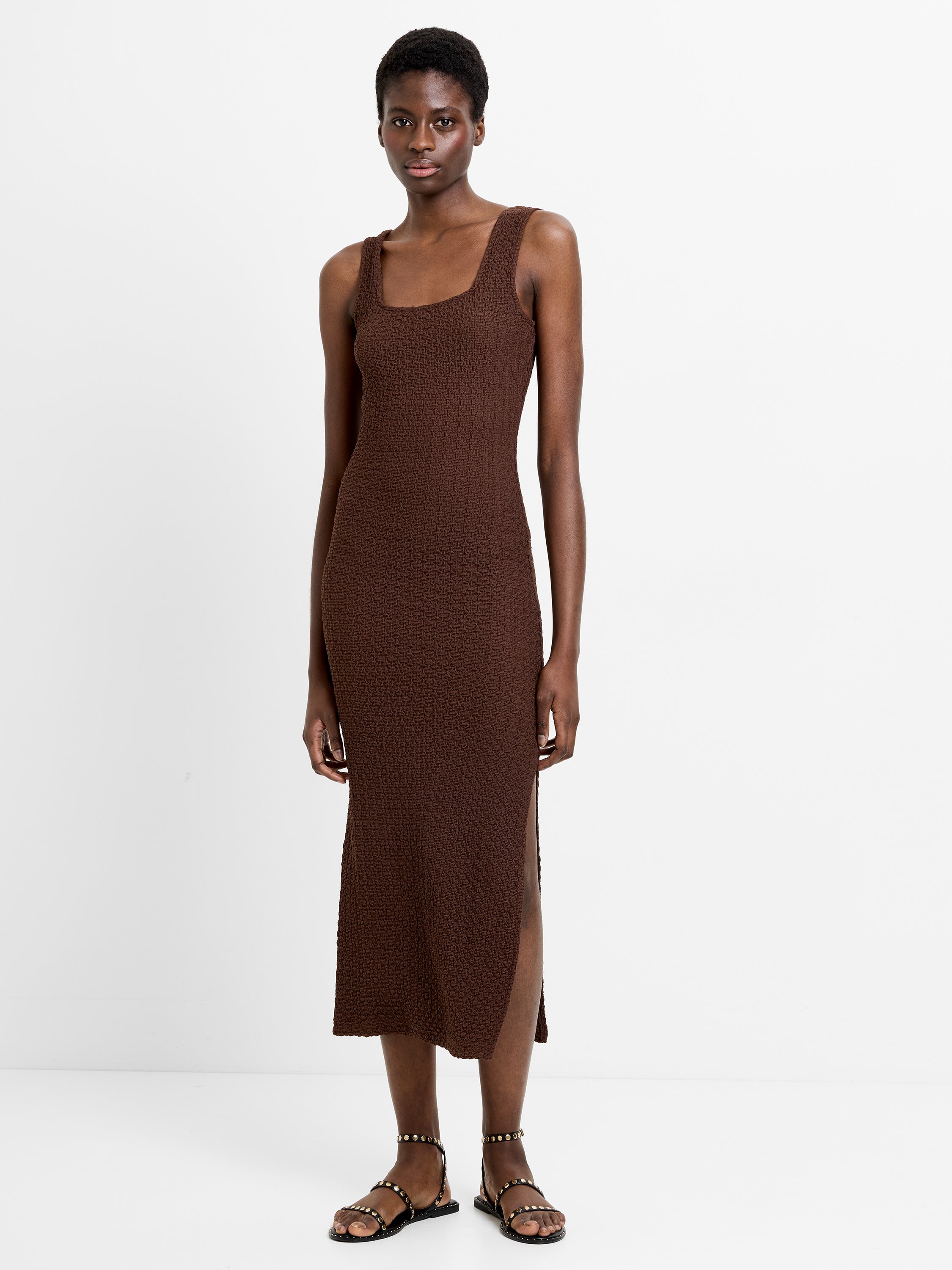 Textured Square Neck Midi Dress