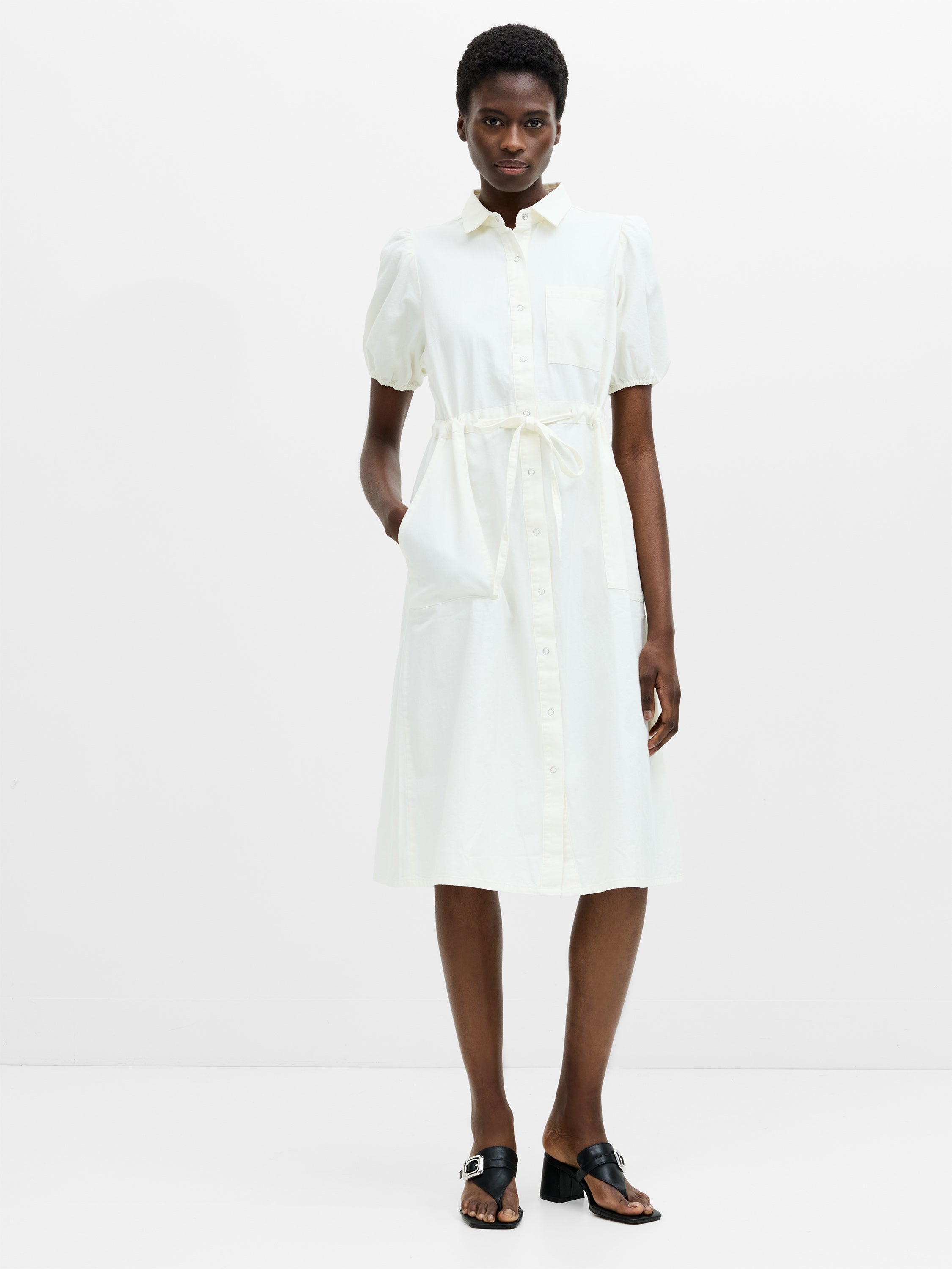 Chambray Denim Puff Sleeve Tie Waist Midi Dress