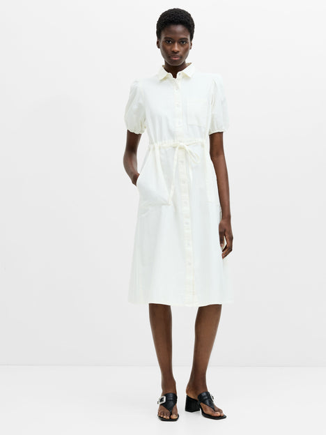 Chambray Denim Puff Sleeve Tie Waist Midi Dress