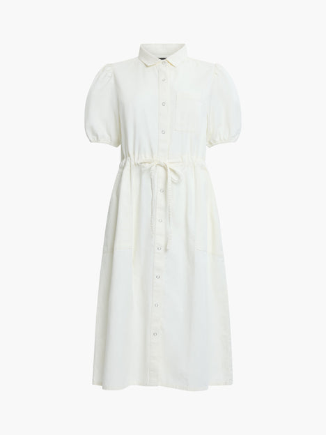 Chambray Denim Puff Sleeve Tie Waist Midi Dress