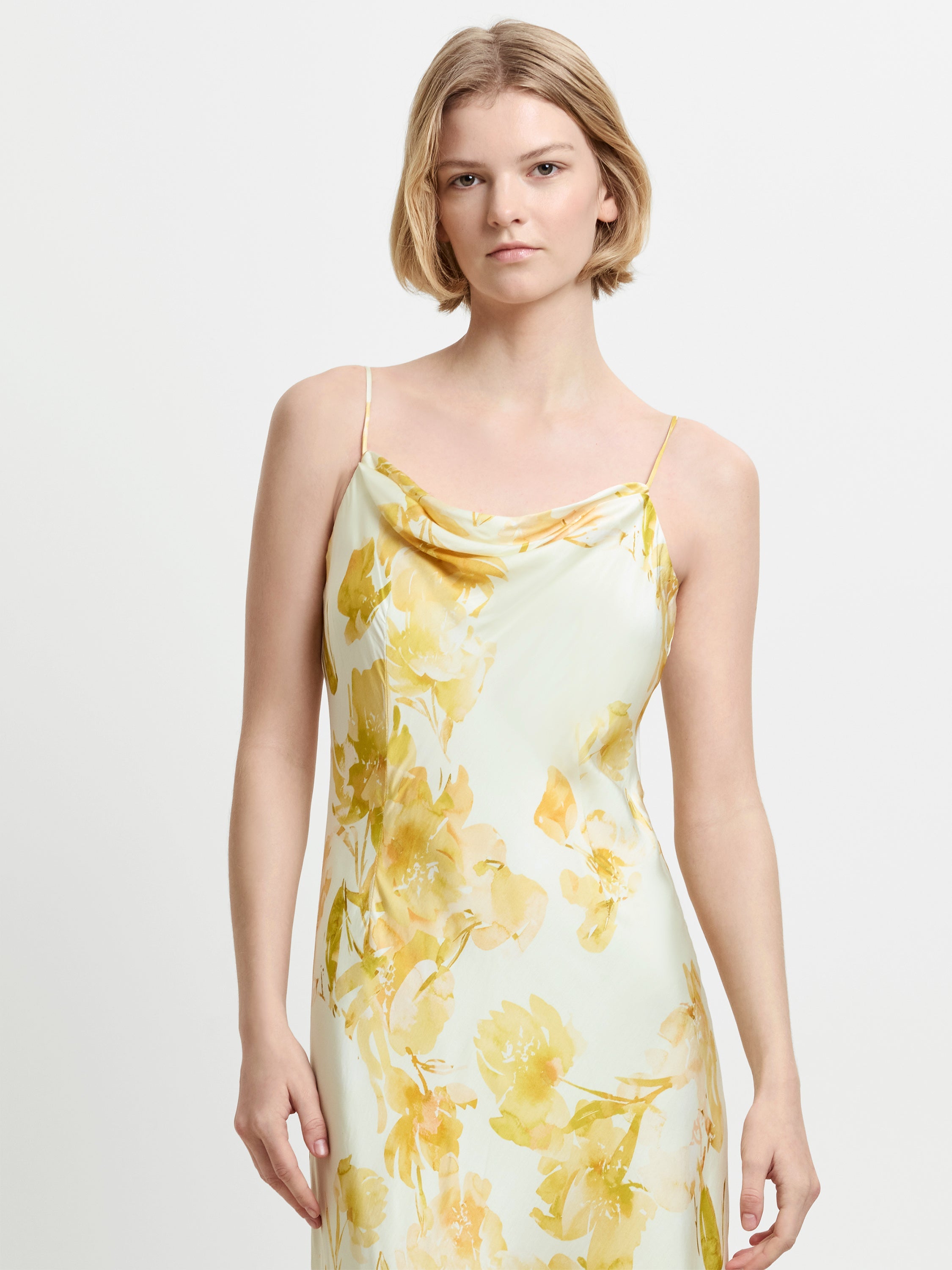 Oona Satin Cowl Neck Yellow Floral Midi Dress