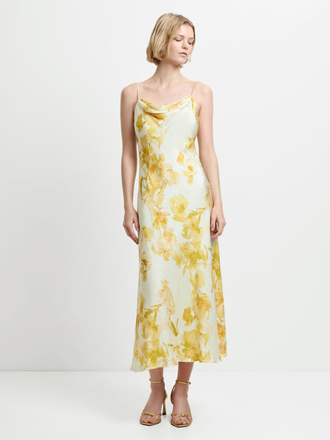 Oona Satin Cowl Neck Yellow Floral Midi Dress
