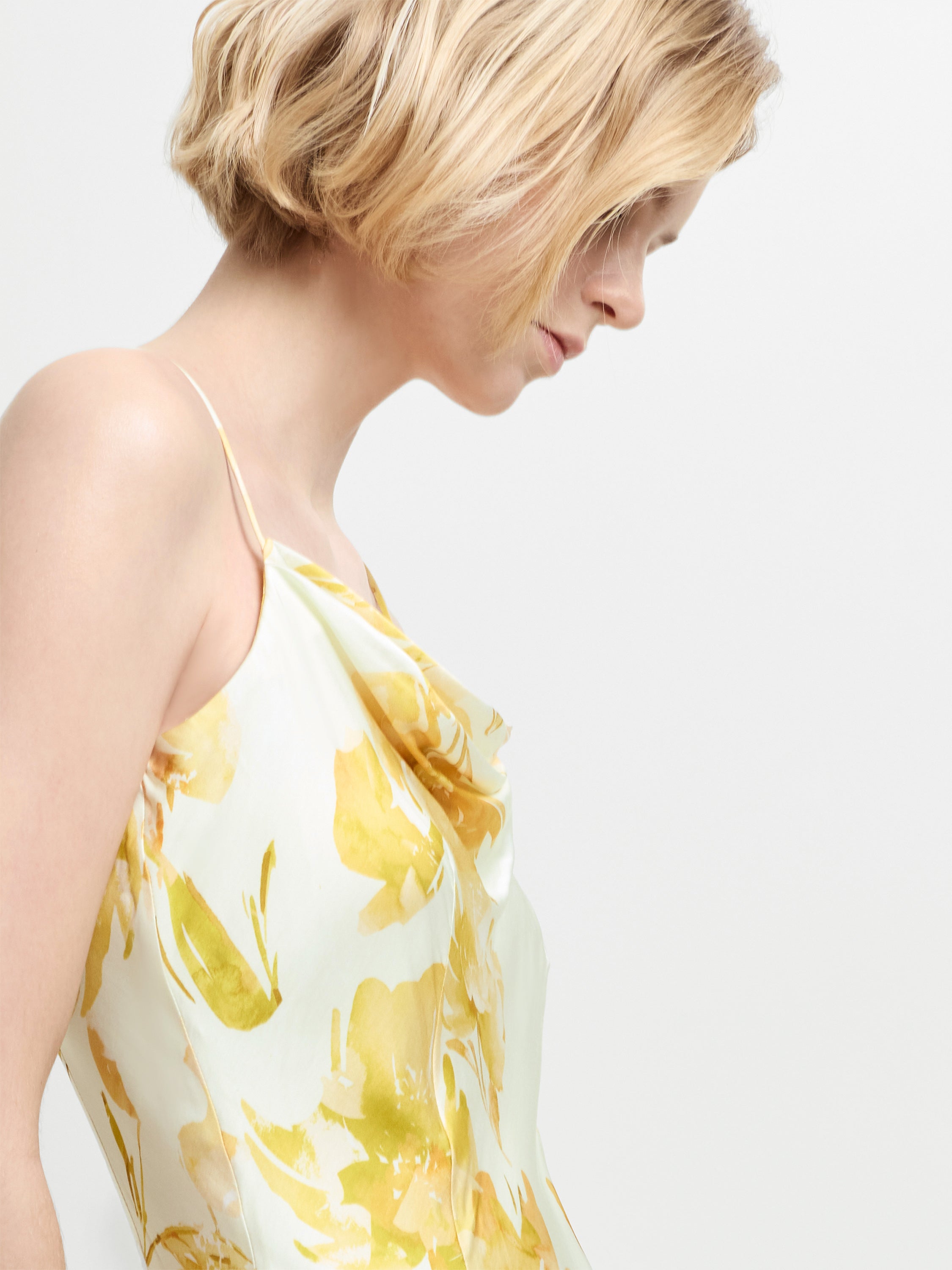 Oona Satin Cowl Neck Yellow Floral Midi Dress