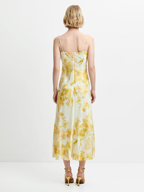 Oona Satin Cowl Neck Yellow Floral Midi Dress