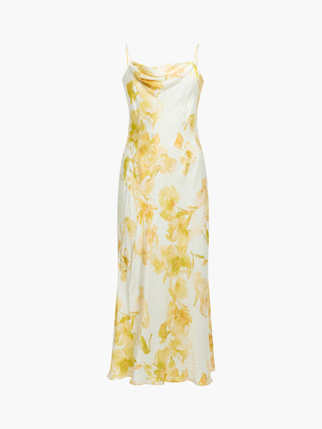 Oona Satin Cowl Neck Yellow Floral Midi Dress