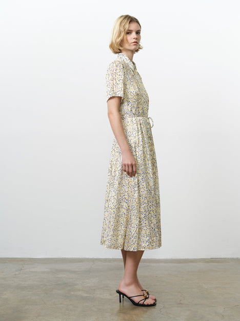 Bonnie Satin Abstract Yellow Midi Shirt Dress