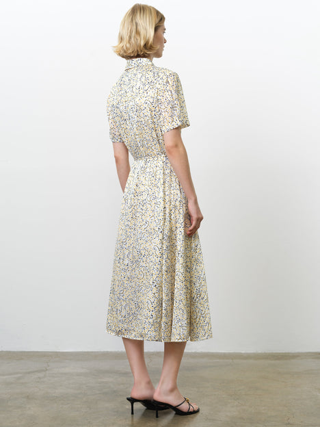 Bonnie Satin Abstract Yellow Midi Shirt Dress
