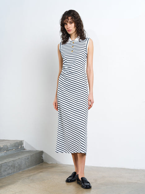 Tommy Monochrome Striped Sleeveless Polo Midi Dress