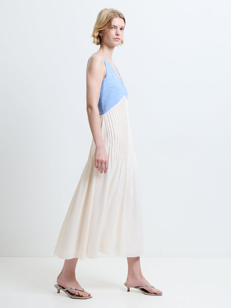 Colby Chambray V Neck Pleat Mix Midi Dress