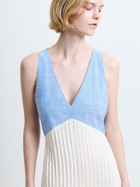 Colby Chambray V Neck Pleat Mix Midi Dress