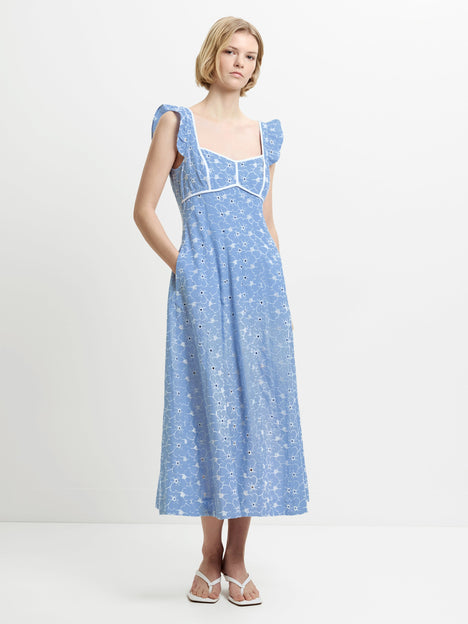 Tamara Floral Broderie Blue Midi Dress