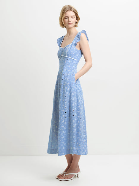 Tamara Floral Broderie Blue Midi Dress