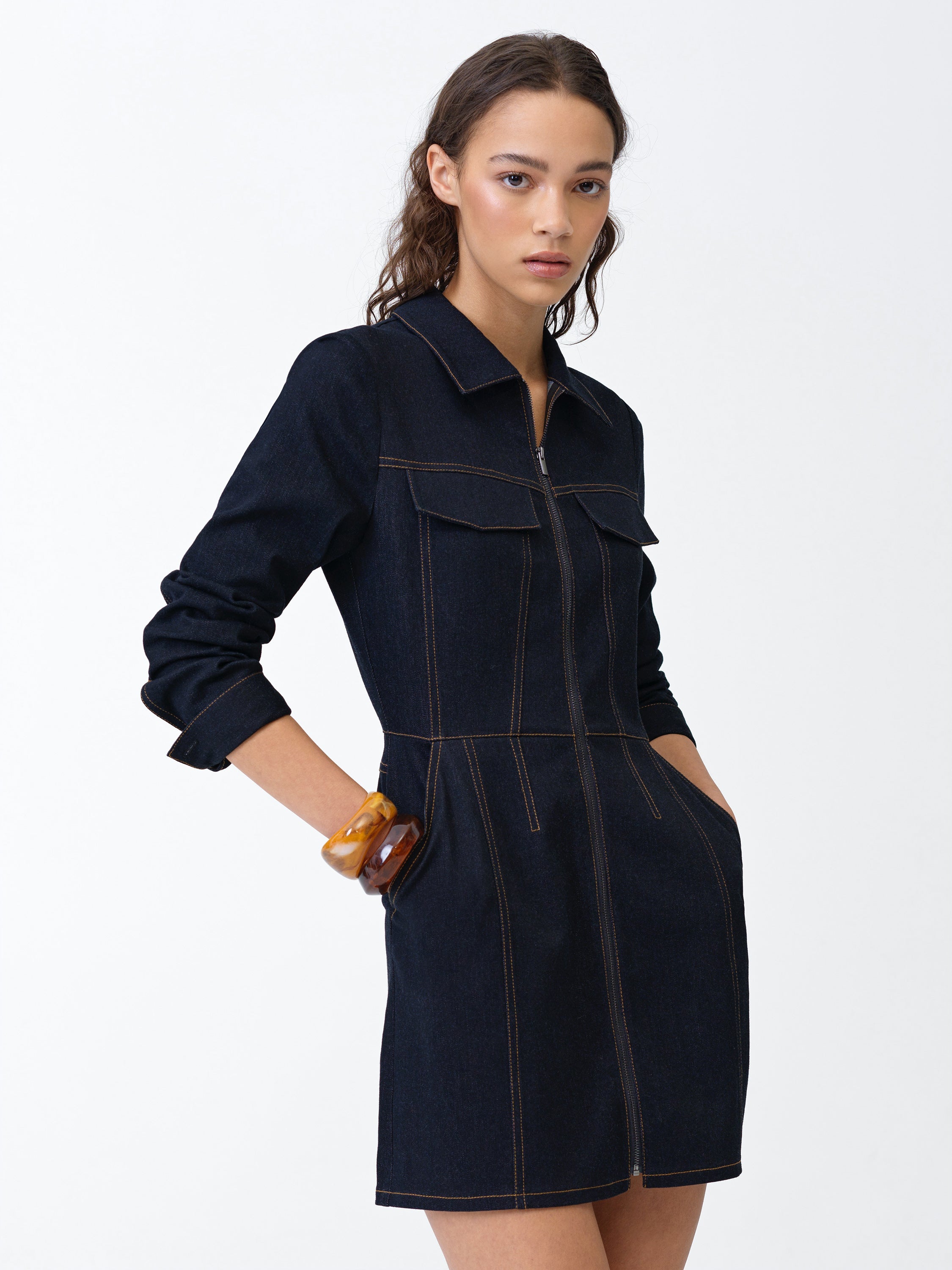 Yami Raw Wash Denim Zip Through Dress