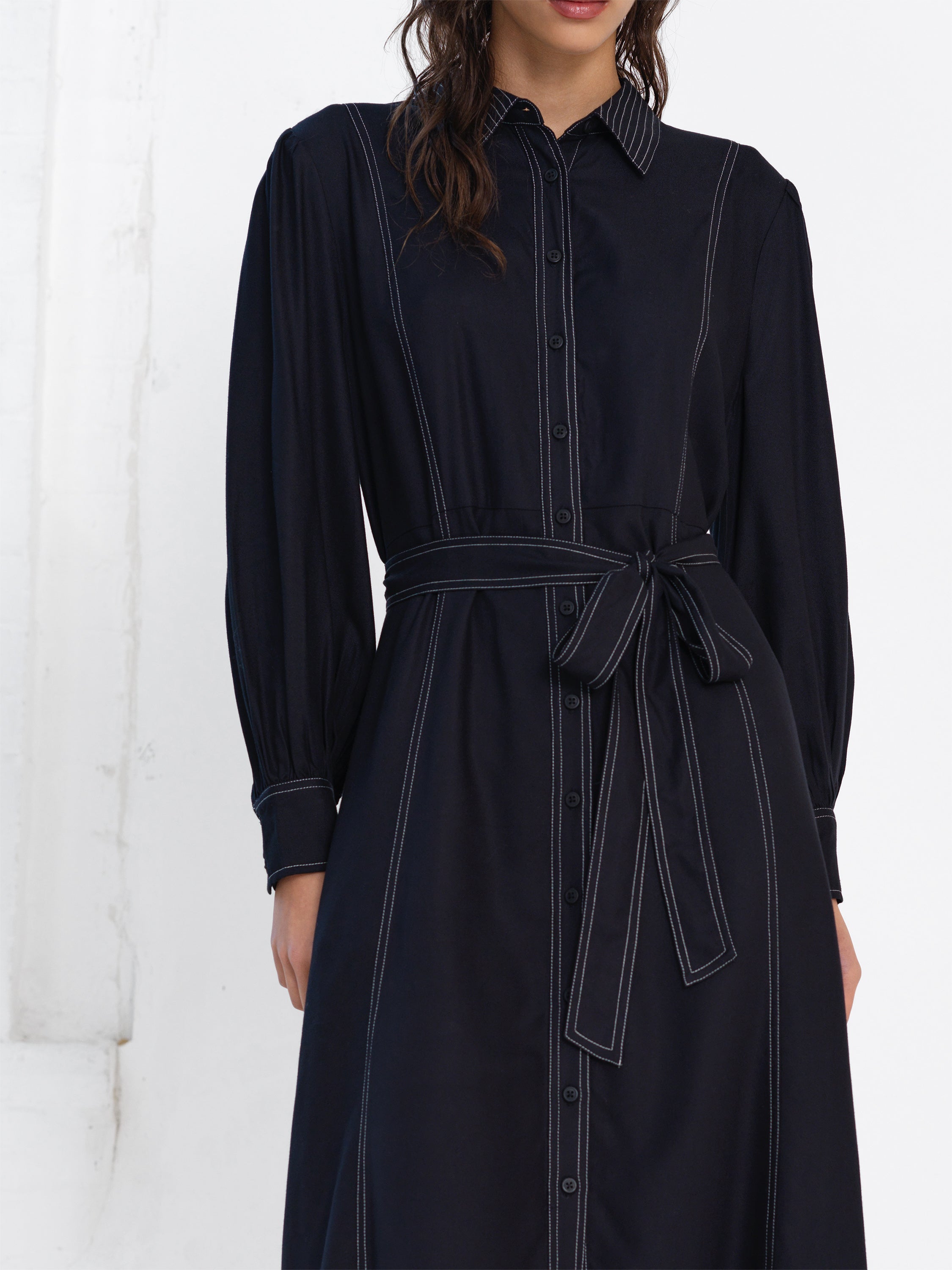 Rochelle Viscose Twill Contrast Stitching Shirt Dress