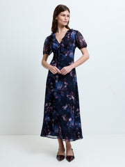 Clara Floral V Neck Puff Sleeve Midi Smock Dress